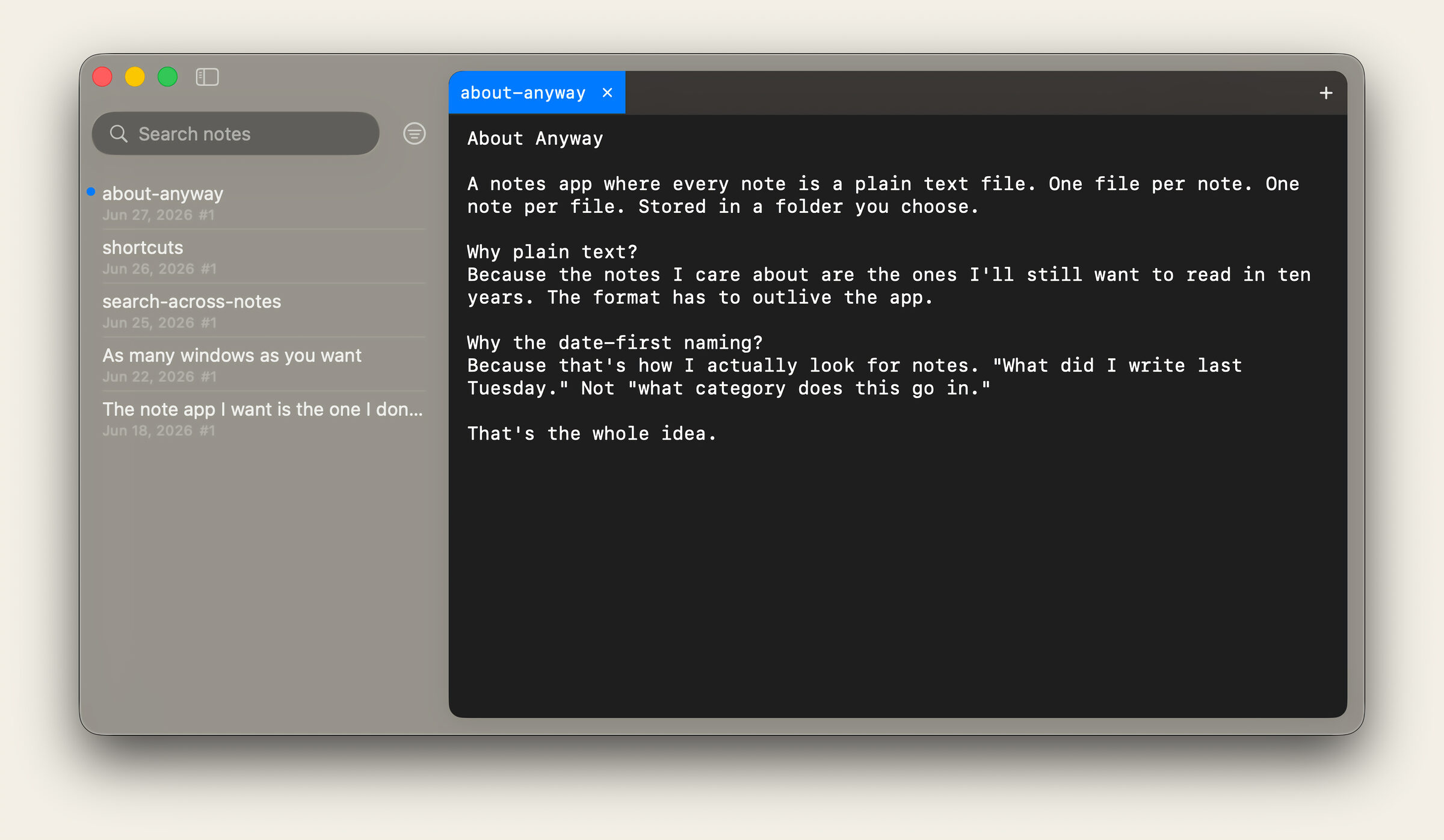 The Anyway jot app — a note open in the editor with the notes list in the sidebar.